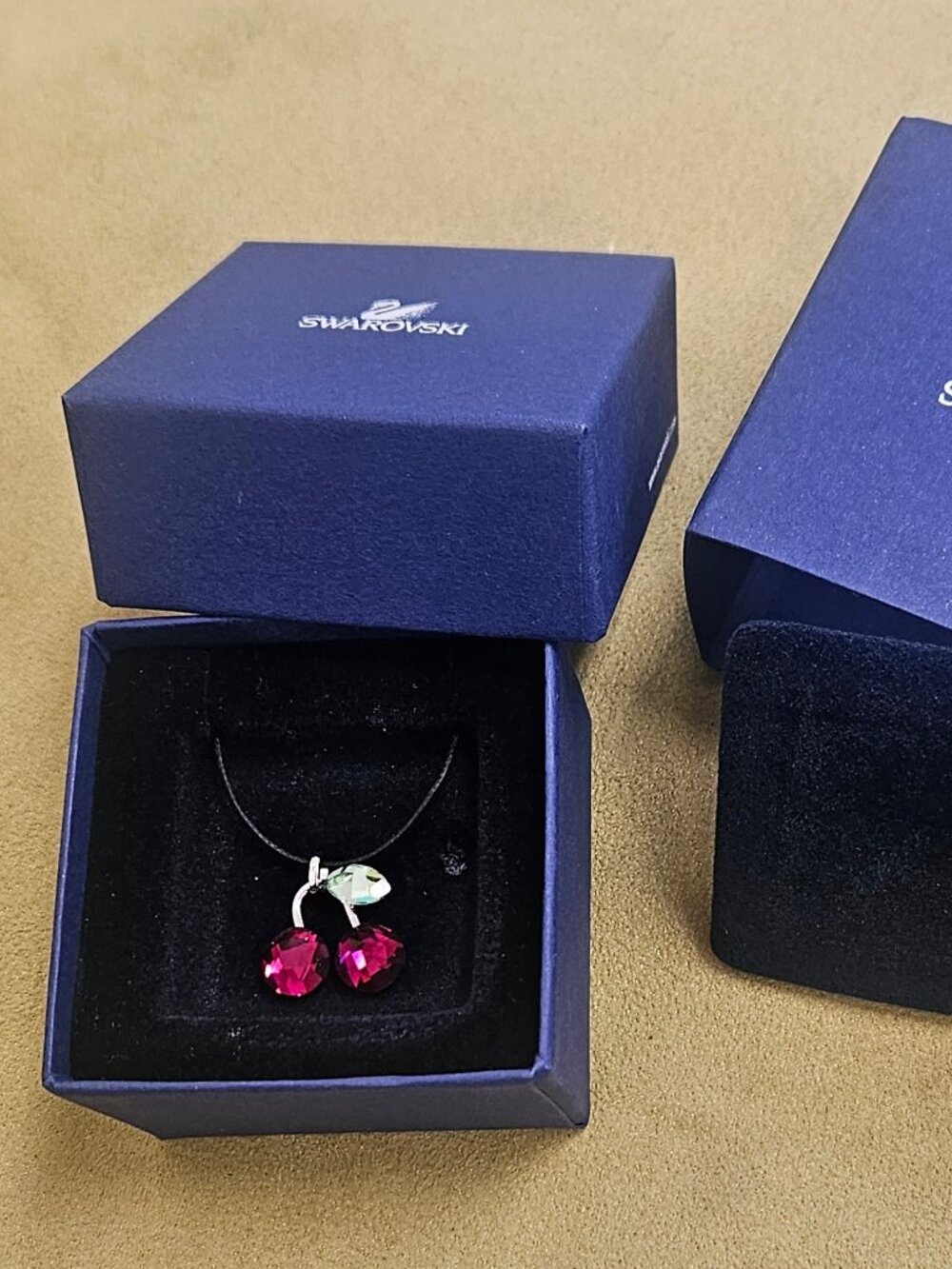 BNWT Swarovski Necklace Pink Cherry Pendant with Green leaf accent